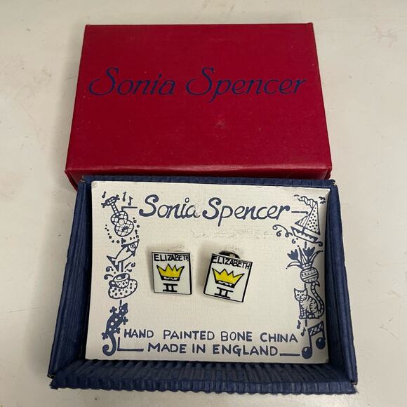 SALE!! Vintage Sonia Spencer Queen Elizabeth II Cufflinks Bone China England NiB - Picture 2 of 3